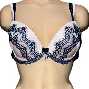 Pleasure State Pink Satin Blue Lace Bra 34D NWT